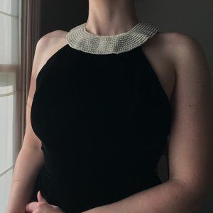 Unique velvet dress with faux-pearl neckline